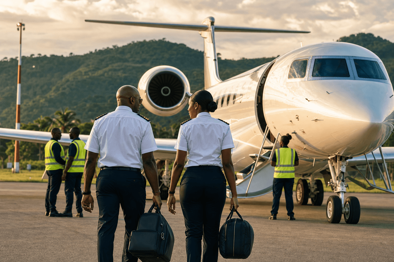 Jet ejecutivo en pista al anochecer